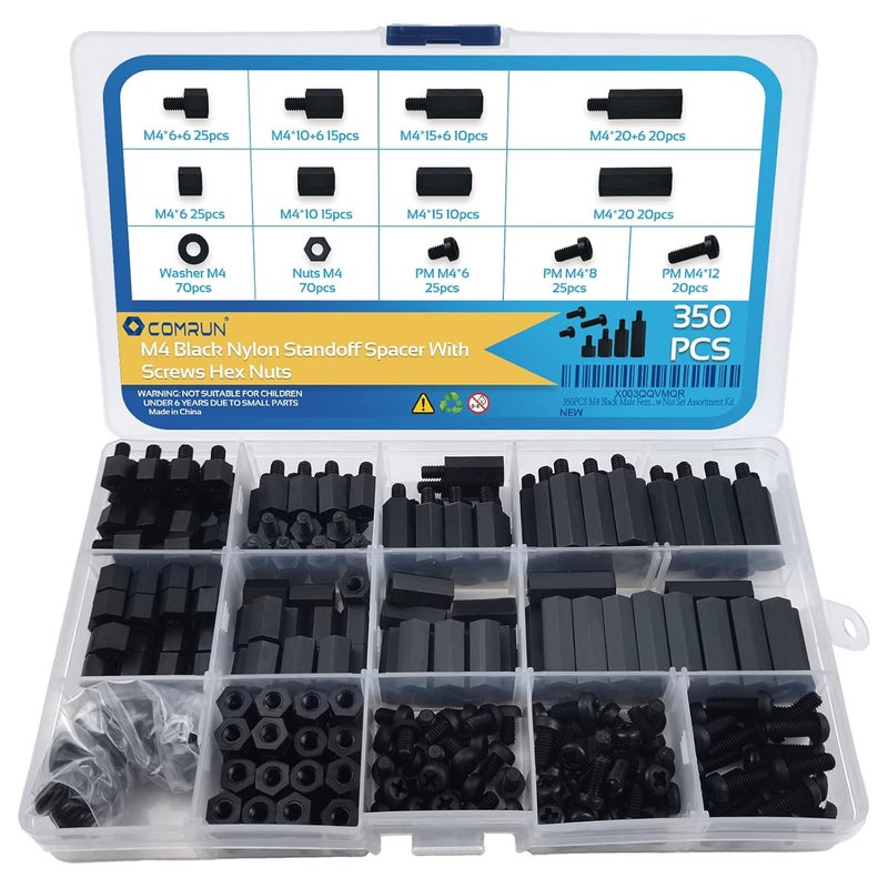 COMRUN طقم 350 قطعة من الفواصل السداسية النايلون السوداء للذكور والإناث M2.5 (أسود) لمجلس الدوائر المطبوعة، Raspberry Pi والقبعات - Image 2